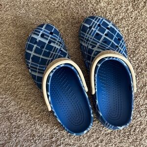 Blue Plaid Crocs with Cream Strap